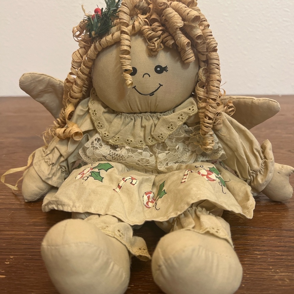 Vintage Handmade Christmas Angel Doll – Wooden Curl Hair & Lace Dress